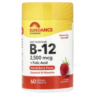 Sundance Vitamins, Быстрорастворимый витамин B12 и фолиевая кислота, натуральные ягоды, 60 веганских таблеток