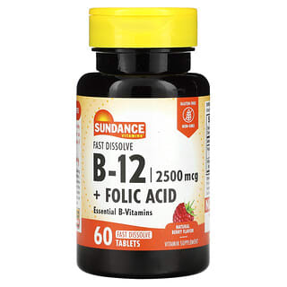 Sundance Vitamins, Vitamina B12 con ácido fólico de disolución rápida, Baya natural, 60 comprimidos de disolución rápida