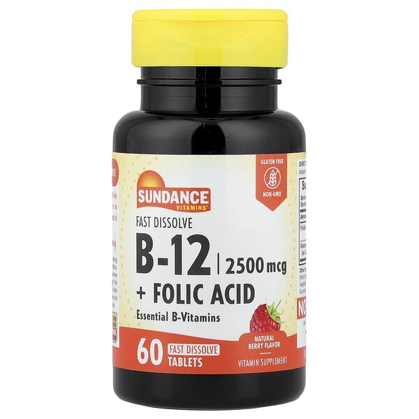 Sundance Vitamins, B-12 + 엽산, 속붕해, 천연 베리, 속붕해 60정