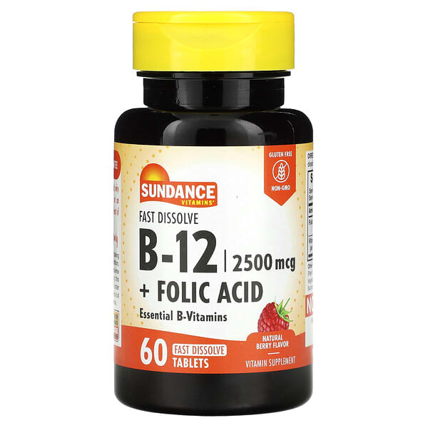 Sundance Vitamins, Fast Dissolve B-12 + Folic Acid, Natural Berry, 60 ...