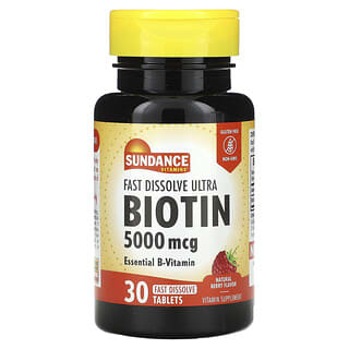 Sundance Vitamins, Fast Dissolve Ultra Biotin, naturalna jagoda, 5000 µg, 30 tabletek szybko rozpuszczających się