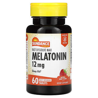 Sundance Vitamins, Máx. De disolución rápida, Melatonina, Baya natural, 12 mg, 60 comprimidos de disolución rápida