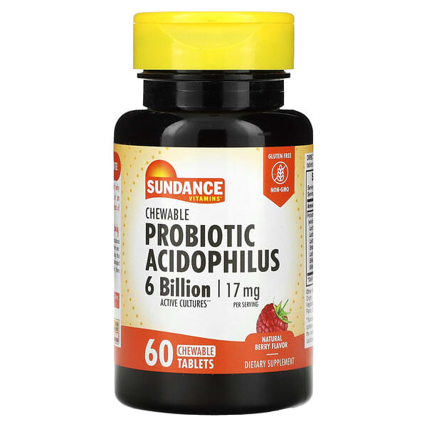 Sundance Vitamins Chewable Probiotic Acidophilus, Natural Berry, 60 Chewable Tablets (3 Billion per Tablet)