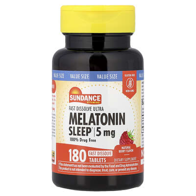 Sundance Vitamins, Instant High Potency Melatonin, Natural Berry Flavor, 5 mg, 180 Quick Dissolve Tablets