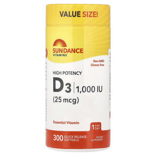 Sundance Vitamins (선댄스 비타민), 고효능 D3, 25mcg(1,000IU), 빠른 방출 소프트젤 300정