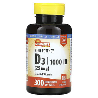 Sundance Vitamins, Высокоэффективный витамин D3, 25 мкг (1000 МЕ), 300 капсул быстрого высвобождения