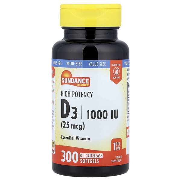 Sundance Vitamins, 고효능 D3, 25mcg(1,000IU), 빠른 방출 소프트젤 300정