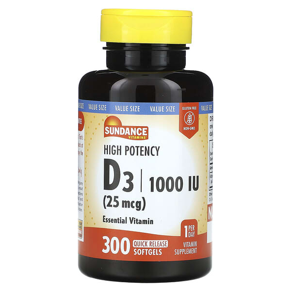 Sundance Vitamins High Potency D3, 25 mcg (1000 IU), 300 Quick Release Softgels