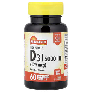 Sundance Vitamins, D3, Alta Potência, 125 mcg (5.000 UI), 60 Cápsulas Softgel de Liberação Rápida