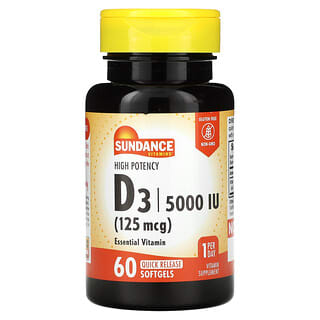 Sundance Vitamins, D3, Alta potencia, 125 mcg (5000 UI), 60 cápsulas blandas de liberación rápida