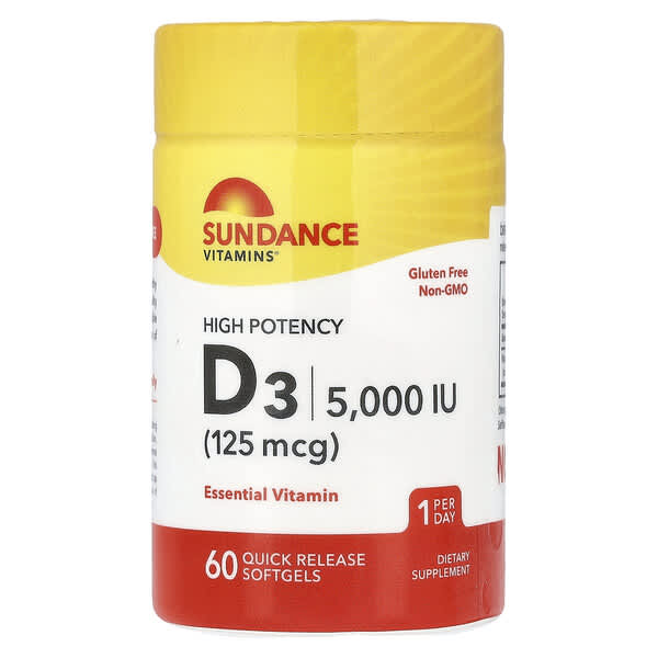 Sundance Vitamins, High Potency Vitamin D3, 125 mcg (5,000 IU), 60 Quick Release Softgels — product photo 1