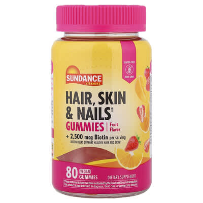 Sundance Vitamins, Hair, Skin & Nails Gummies, Natural Fruit, 80 Vegan Gummies