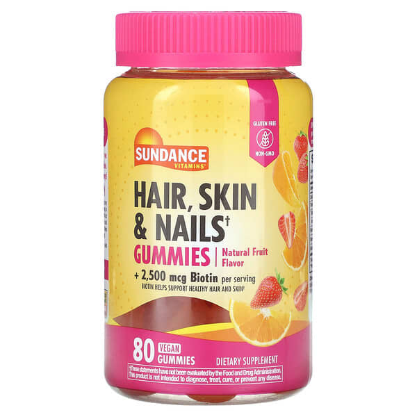 Sundance Vitamins, 頭髮、皮膚和指甲支援軟糖，天然水果味，80 粒全素軟糖