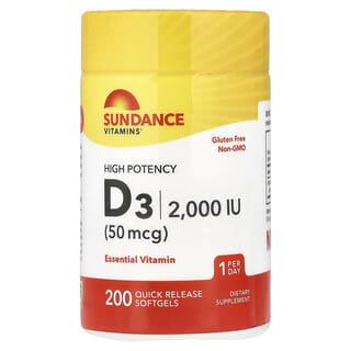Sundance Vitamins, 維D3，優效，50 微克（2,000 國際單位），200 粒速釋軟膠囊