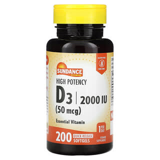 Sundance Vitamins, D3, Haute efficacité, 50 µg (2000 UI), 200 capsules à libération rapide
