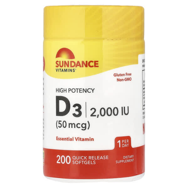 Sundance Vitamins, High Potency Vitamin D3, 50 mcg (2,000 IU), 200 Quick Release Softgels — product photo 1