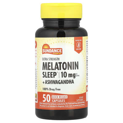 Sundance Vitamins, Extra Strength Melatonin Sleep Aid + Ashwagandha, 50 Quick-Release Capsules