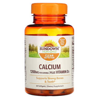 Sundown Naturals, Kalsium, Plus Vitamin D3, 1.200 mg, 60 Kapsul Gel Lunak (600 mg per Kapsul Gel Lunak)