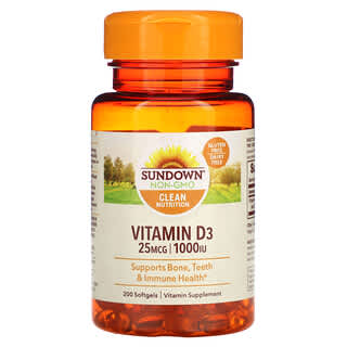 Sundown Naturals, Витамин D3, 25 мкг (1000 МЕ), 200 мягких таблеток