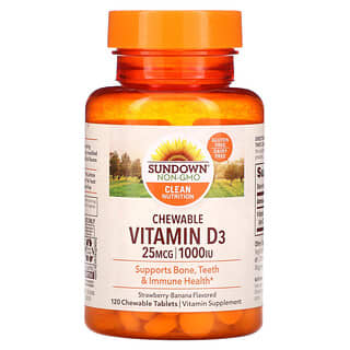 Sundown Naturals, Vitamina D3 masticable, con sabor a fresa y plátano, 25 mg (1000 UI), 120 comprimidos masticables