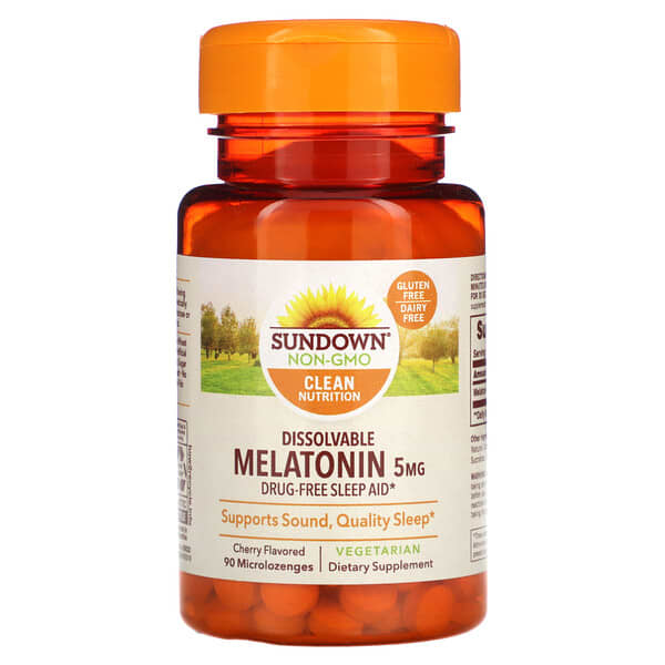 Sundown Naturals‏, "מלטונין מסיס, דובדבן, 5 מ""ג, 90 מיקרוטבליות."