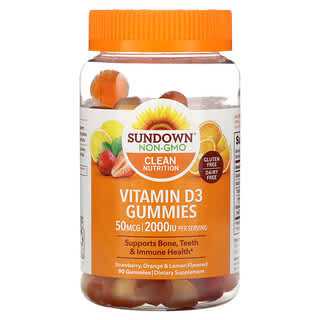 Sundown Naturals, Gomitas con vitamina D3, Fresa, naranja y limón, 2000 UI, 90 gomitas (25 mcg [1000 UI] por gomita)