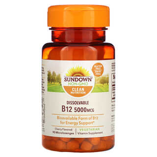 Sundown Naturals, Vitamina B12 soluble, cereza, 5000 mcg, 90 micro-lingotes