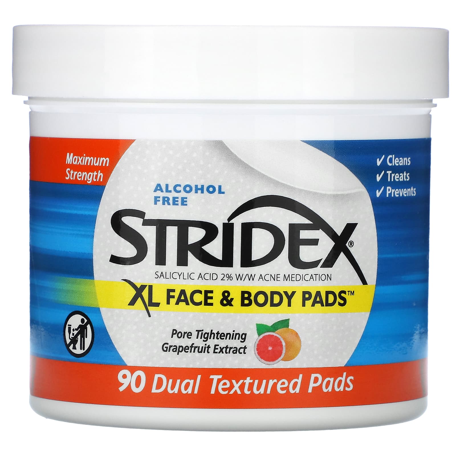 Stridex, XL Face & Body Pads, 알코올 무함유, 듀얼 텍스처 패드 90매