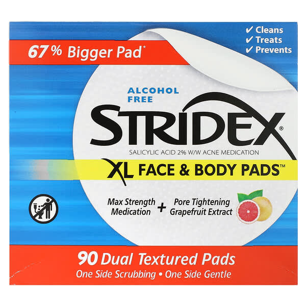 Stridex, XL 面部和身體軟墊，無乙醇，90 片雙效軟墊