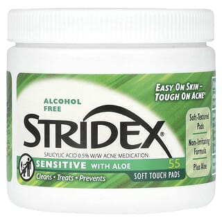 Stridex, Wrażliwa z zawartością aloesu, bez alkoholu, 55 miękkich płatków w dotyku