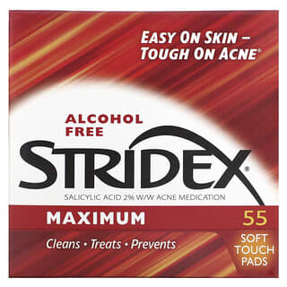 Stridex, สูตรเข้มข้นสูงสุด ปราศจากแอลกอฮอล์ บรรจุแผ่นเช็ดแบบนุ่ม 55 แผ่น