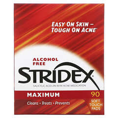 Stridex‏, נוגדי אקנה חד פעמיים, מקסימליים, ללא אלכוהול, 90 מגבונים רכים