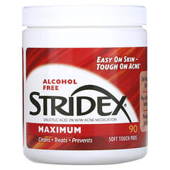 Stridex, Одношаговое средство от угрей, максимальная сила, без спирта, 90 мягких салфеток