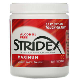 Stridex, التحكم في حب الشباب بخطوة واحدة، الحد الأقصى، خالي من الكحول، 90 قطعة قطنية ناعمة الملمس