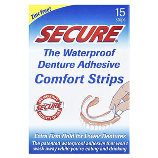 Secure Denture, The Waterproof Denture Adhesive Comfort Strips, wasserfest klebende Komfortstreifen für Zahnersatz, 15 Streifen