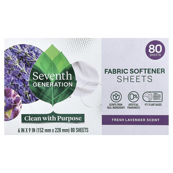 Seventh Generation, Suavizante de telas en láminas, Lavanda fresca, 80 láminas