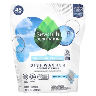 Seventh Generation, Sachets de détergents pour lave-vaisselle, Free & Clear, 45 sachets, 810 g
