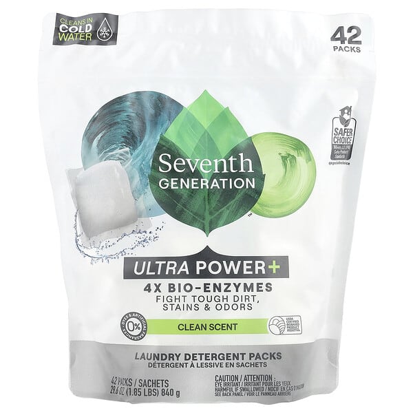 Seventh Generation, 세탁 세제 팩, 울트라 파워+, 깨끗한 향, 42팩, 840g(29.6oz)
