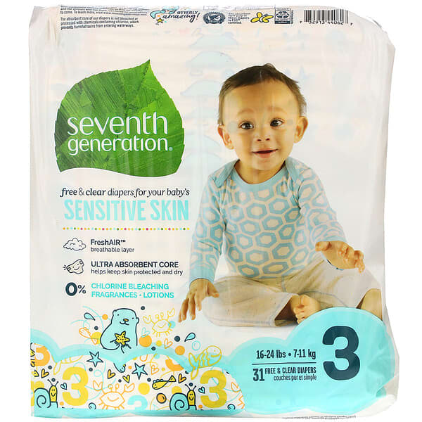 Seventh Generation‏, Free & Clear Diapers, Size 3, 16-24 lbs, 31 Diapers