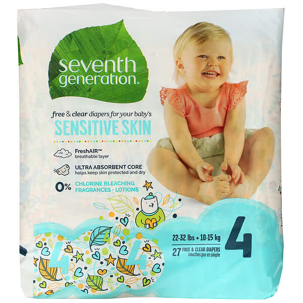 Seventh Generation‏, Free & Clear Diapers, Size 4, 22-32 lbs, 27 Diapers