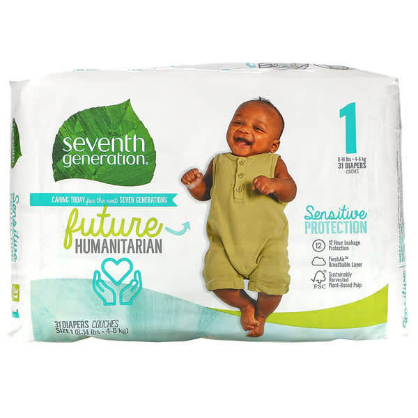 Seventh Generation‏, Sensitive Protection Diapers, Size 1, 8- 14 lbs, 31 Diapers