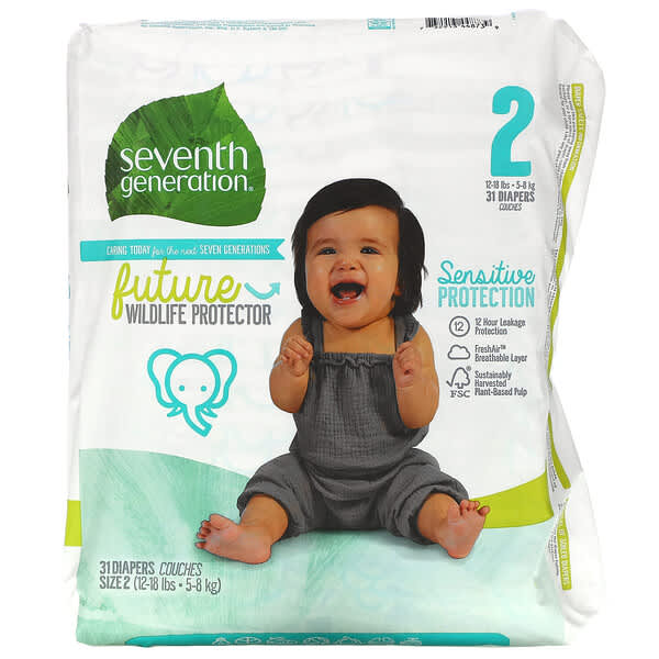 Seventh Generation‏, Sensitive Protection Diapers, Size 2, 12- 18 lbs, 31 Diapers
