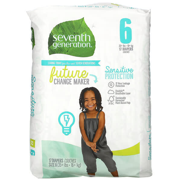 Seventh Generation‏, Sensitive Protection Diapers, Size 6, 35+ lbs, 17 Diapers
