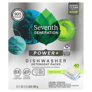 Seventh Generation, Power+ Sachets de détergent à vaisselle, Agrumes frais, 40 sachets, 600 g