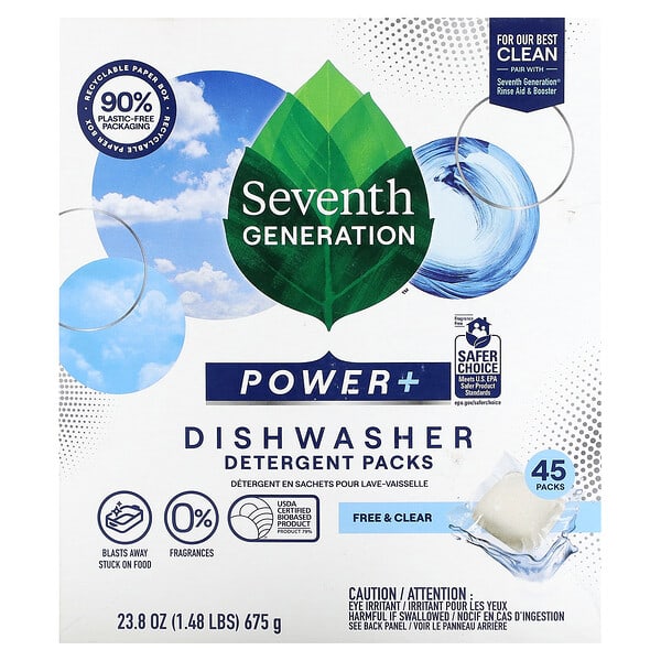 Seventh Generation‏, אריזות חומר ניקוי למדיח כלים Power+‎‏, בריח רענן וצלול‏, 45 אריזות, 675 גרם (23.8 אונקיות)