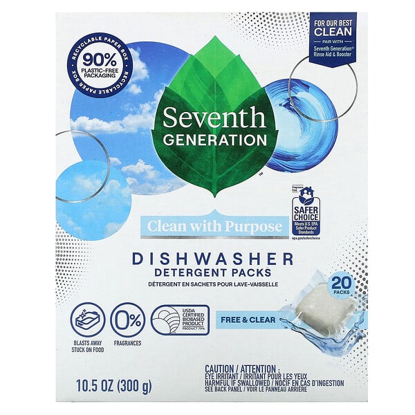 Seventh Generation, น้ำยาล้างจานแบบซอง ฟรีและใส ปราศจากน้ำหอม บรรจุ 20 ซอง บรรจุ 10.5 ออนซ์ (300 ก.)