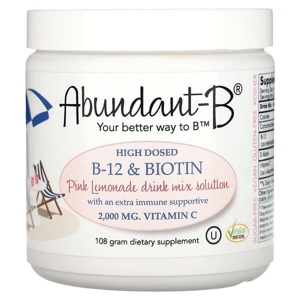 Sufficient C, Abundant-B 고용량 B-12 및 비오틴 드링크 믹스, 핑크 레모네이드, 108g