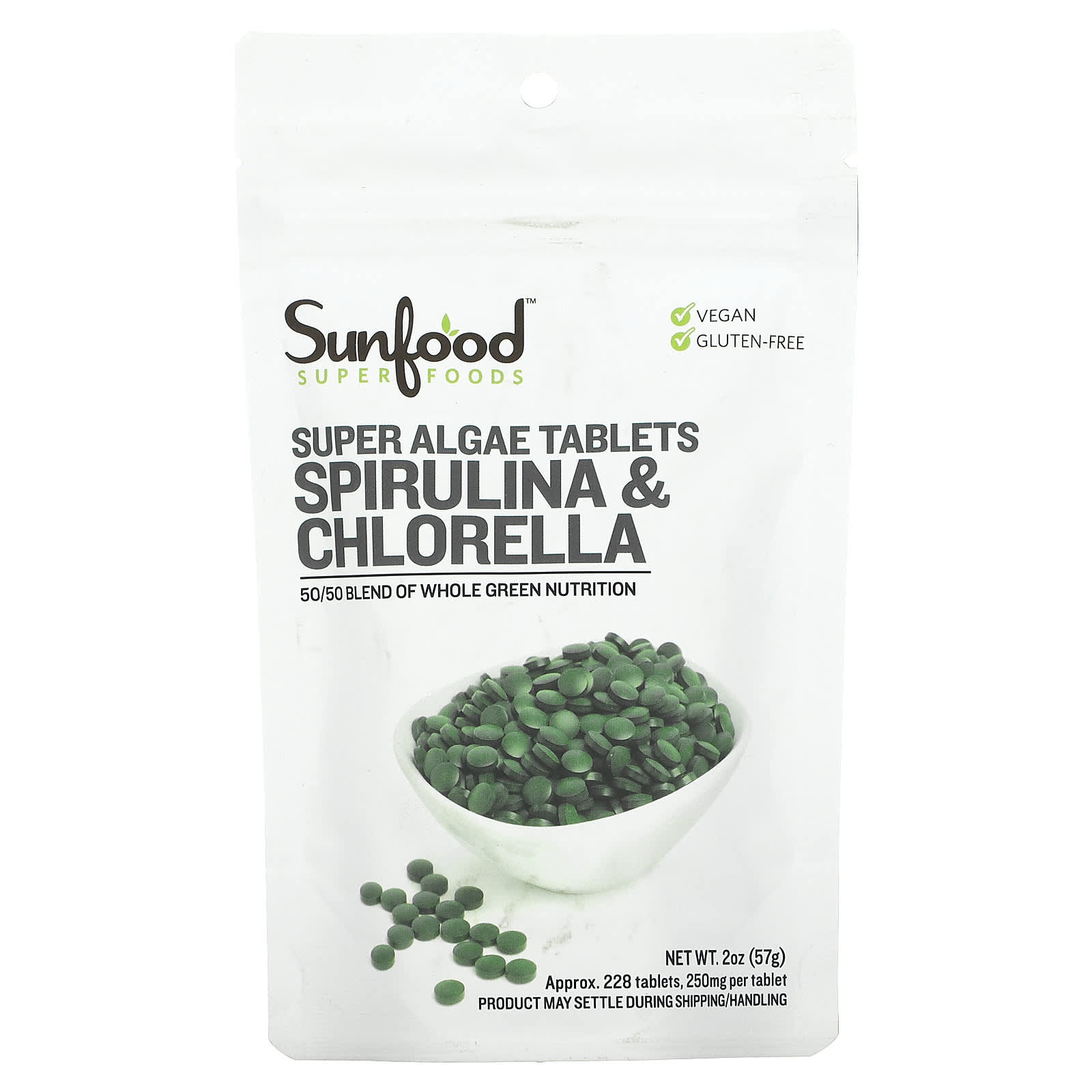 Kracht enz Absoluut Sunfood, Spirulina & Chlorella, Super Algae Tablets, 250 mg, Approx. 228  Tablets, 2 oz (57 g)