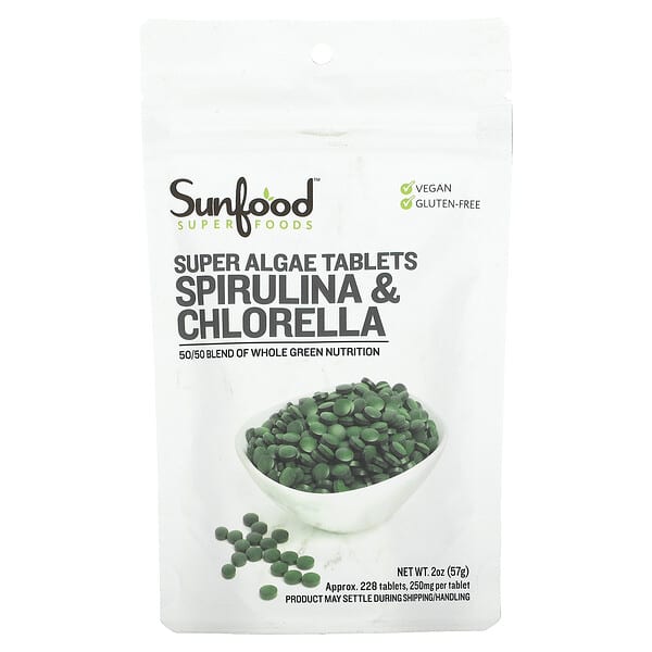 Sunfood, スピルリナとクロレラ、スーパー海藻タブレット、250 mg、228タブレット