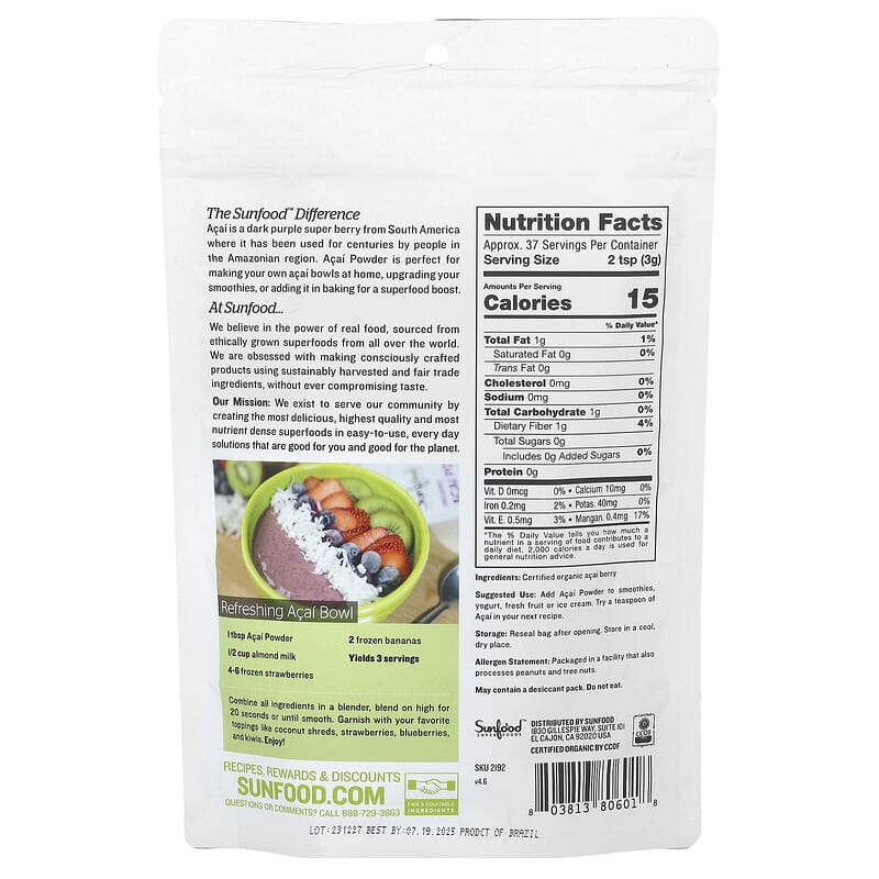 【2袋セット】Sunfood Organic アサイーパウダー113g✖️2 Amazon.co.jp: オーガニックアサイーパウダー 113g : ドラッグストア